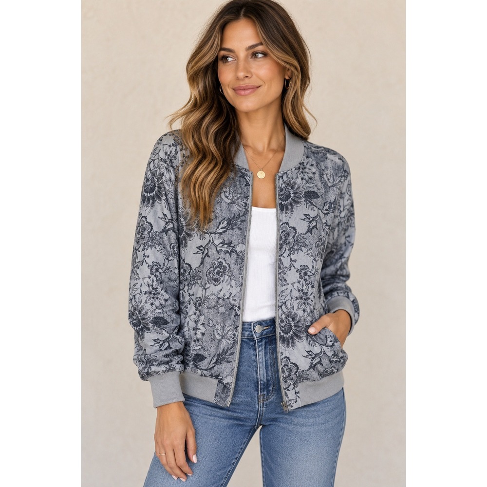 Boho Floral Bomber Jacket Gray Lightweight Zip Up Knox Rose Medium